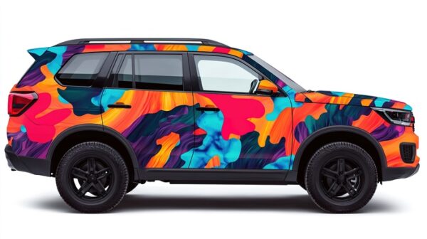 Creative SUV wrap featuring vibrant colors urban setting graphic design outdoor environment