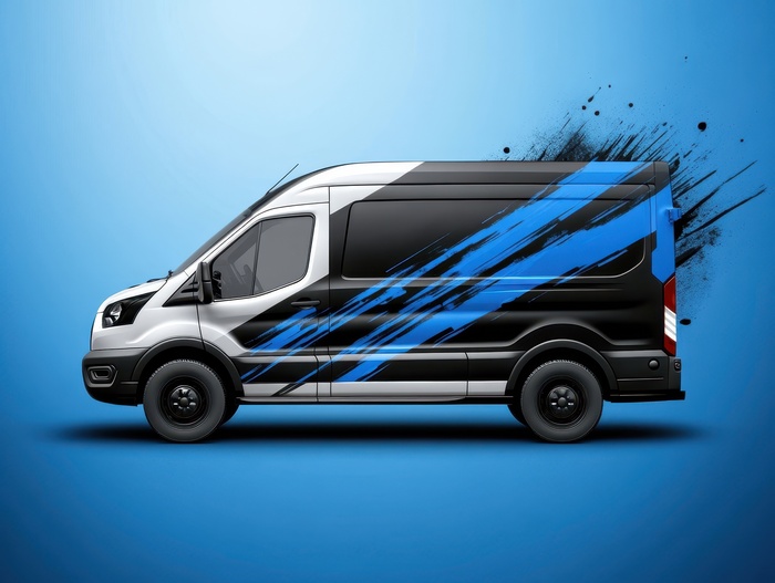 Showcasing a striking vehicle wrap on a fleet van designed for effective urban branding and visual impact.